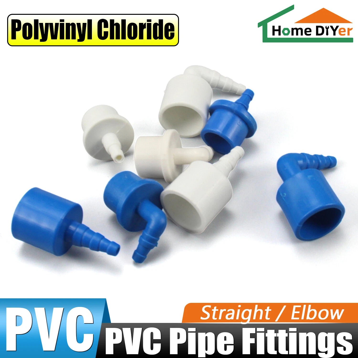 Barbed 20mm PVC Pipe Connector Fittings Adapter To Hose OD 5mm~8mm, Blue & White
