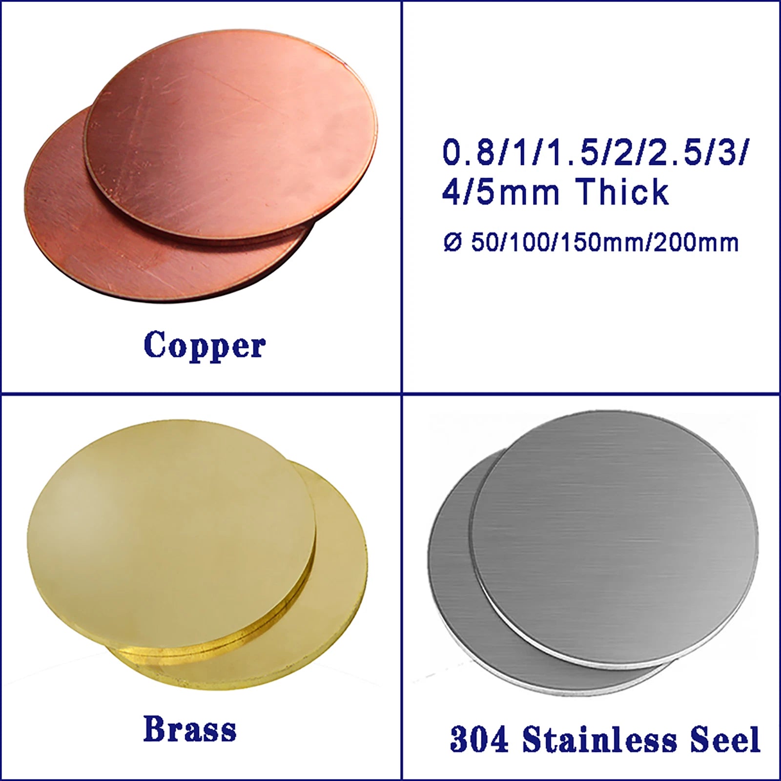 Copper,Brass,Stainless Steel Round Sheet Plate Ø 50/100/150/200mm, 0.5-3mm Thick