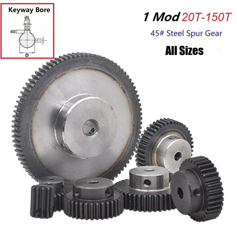 1 Mod 20T-150T Precision Spur Pinion Gear With Step Keyway Bore 45#C Motor Gear