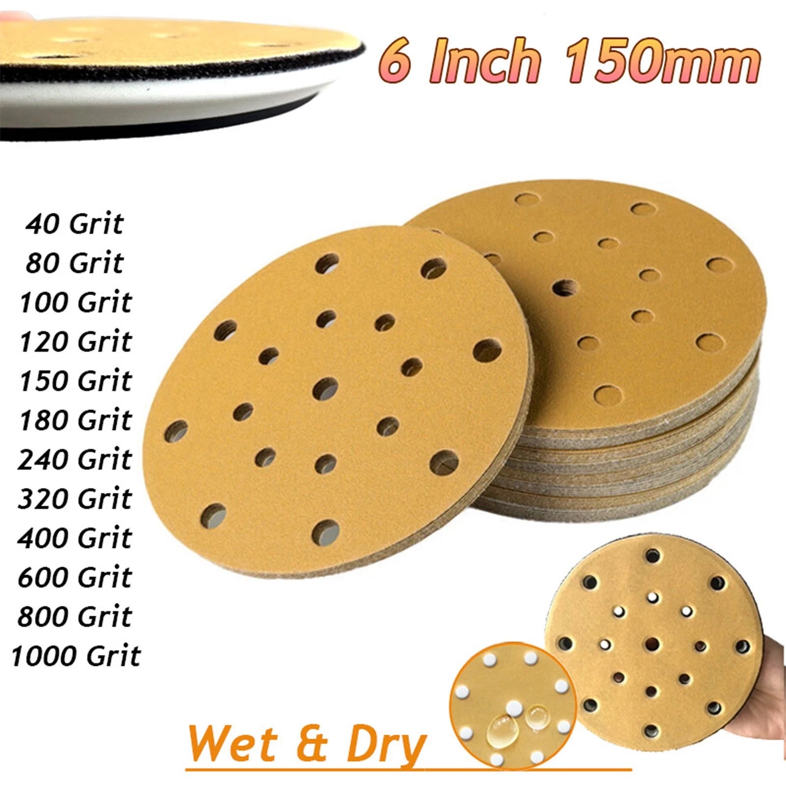 150mm 6" Sanding Discs Sandpaper Hook & Loop Pads 17 Hole for Festool P40-P1000