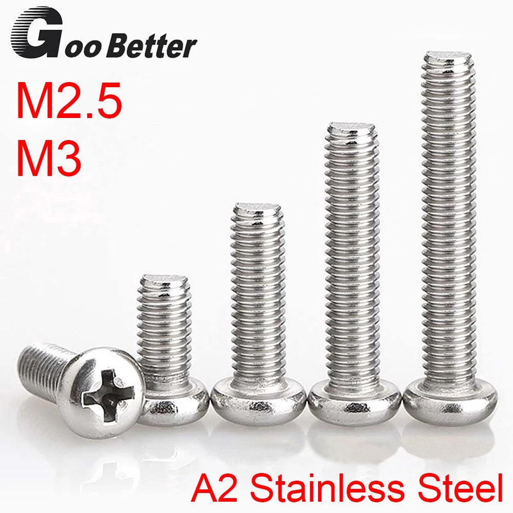 M2.5 & M3 Pan Head Phillips Machine Screws – A2 304 Stainless Steel, Fully Threaded (4–60mm Lengths)