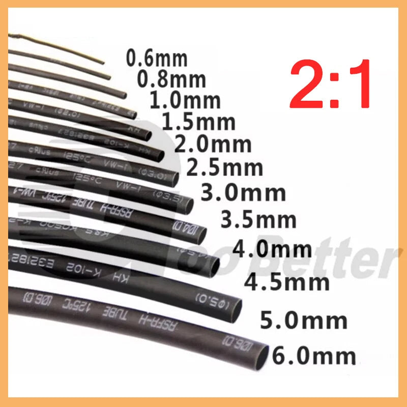 Black Heat Shrink Tubing 2:1 Ratio — Electrical Wire Insulation Sleeve