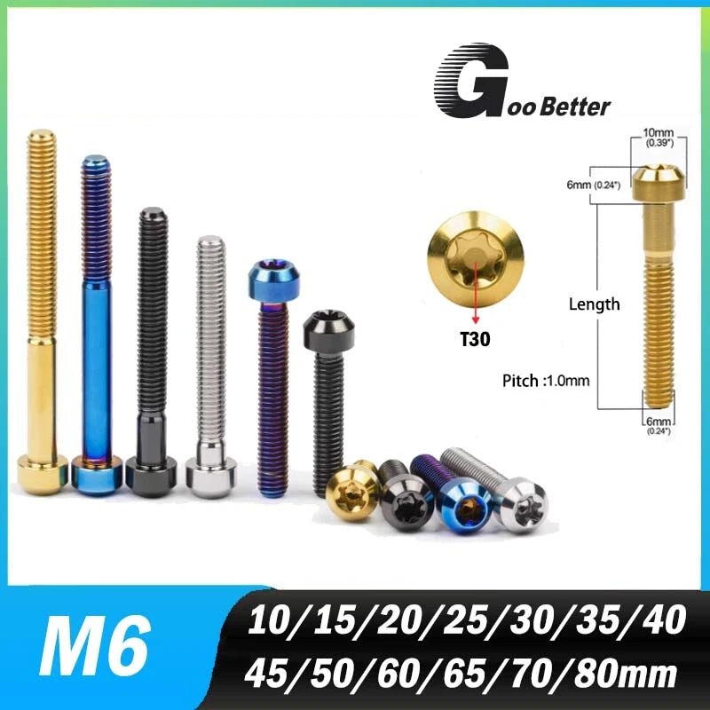 M6 Titanium Taper Cap Head Screws — T30 Torx Drive, M6×10mm to 80mm, 5 Colors - HomeDIYer