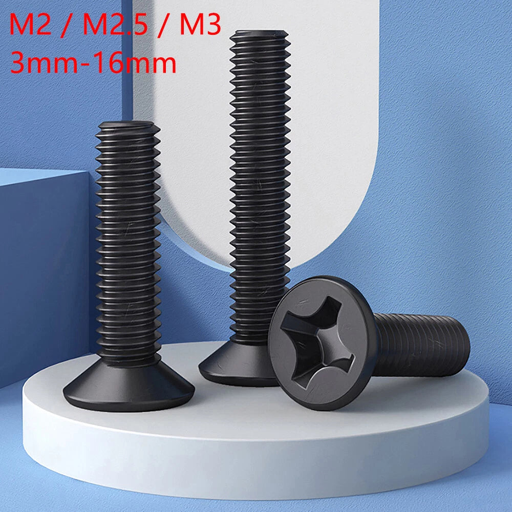 Black Zinc-Plated Phillips Countersunk Flat Head Machine Screws M2 M2.5 M3 — Flush-Fit Micro Screws 3mm to 16mm