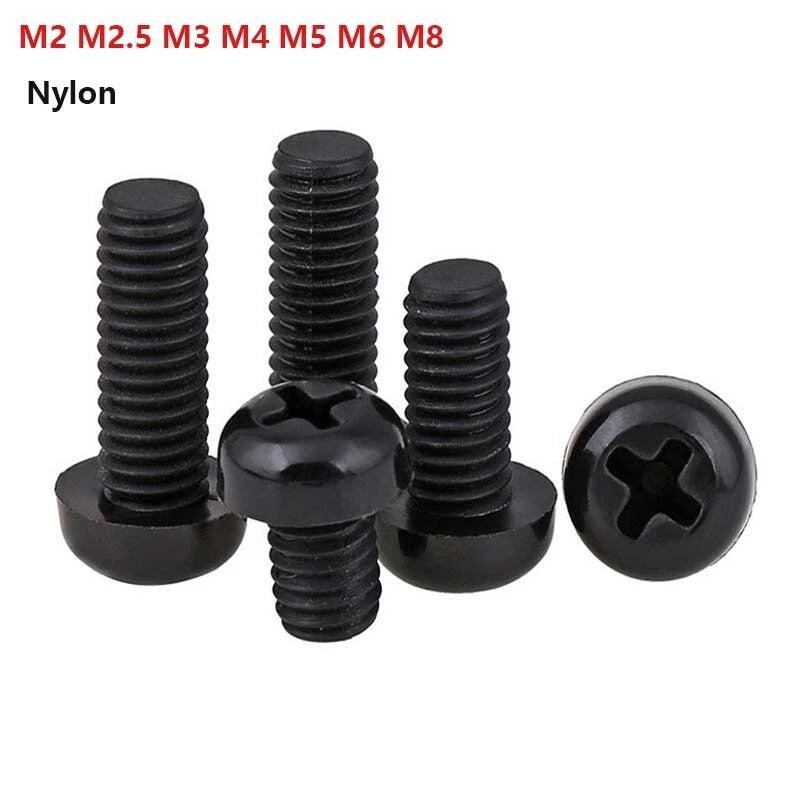 Black Nylon Pan Head Phillips Machine Screws M2 M2.5 M3 M4 M5 M6 M8 — Non-Conductive PA66 Plastic Screws 4mm to 60mm