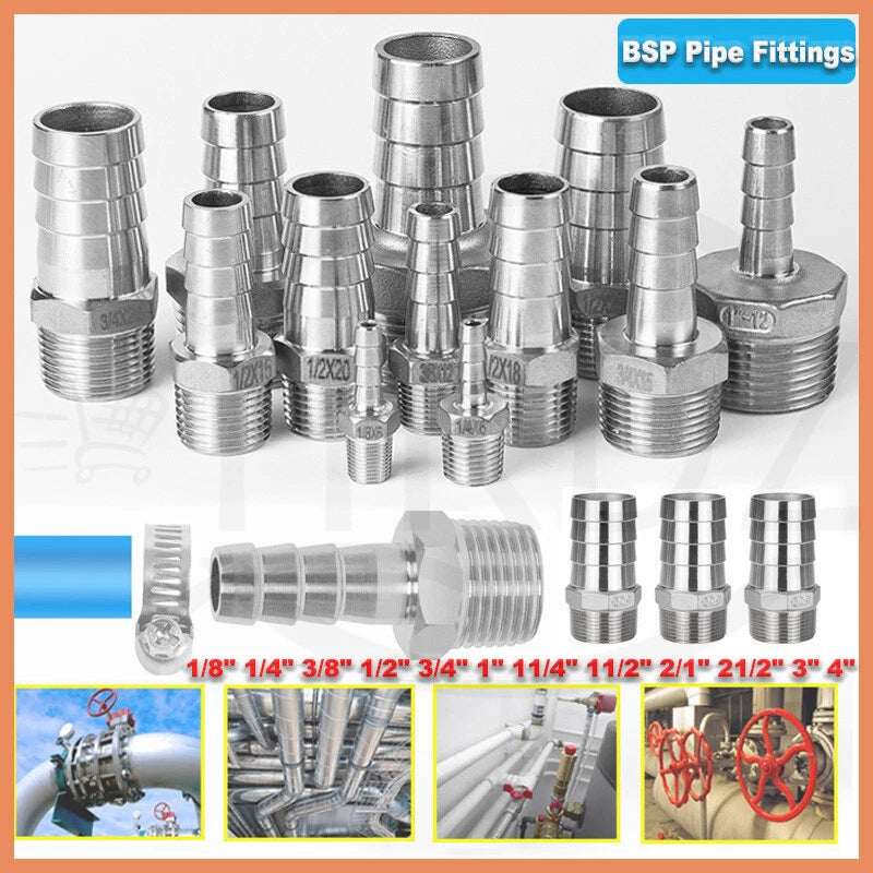 BSP Male Thread Stainless Steel Barb Hose Tail Connector — 1/8" to 4"