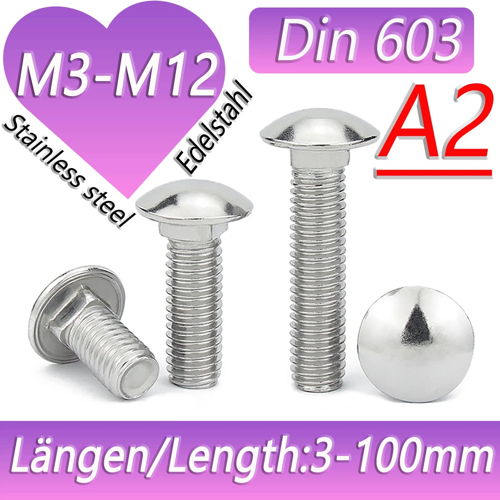 A2 Stainless Steel Carriage Bolts (Coach Bolts) — M3 M4 M5 M6 M8 M10 M12