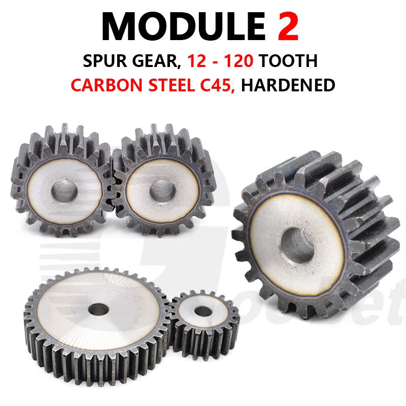 Spur Gear Module 2 Steel C45 Hardened 12 - 120 Tooth Motor Pinion Cogwheel Flat