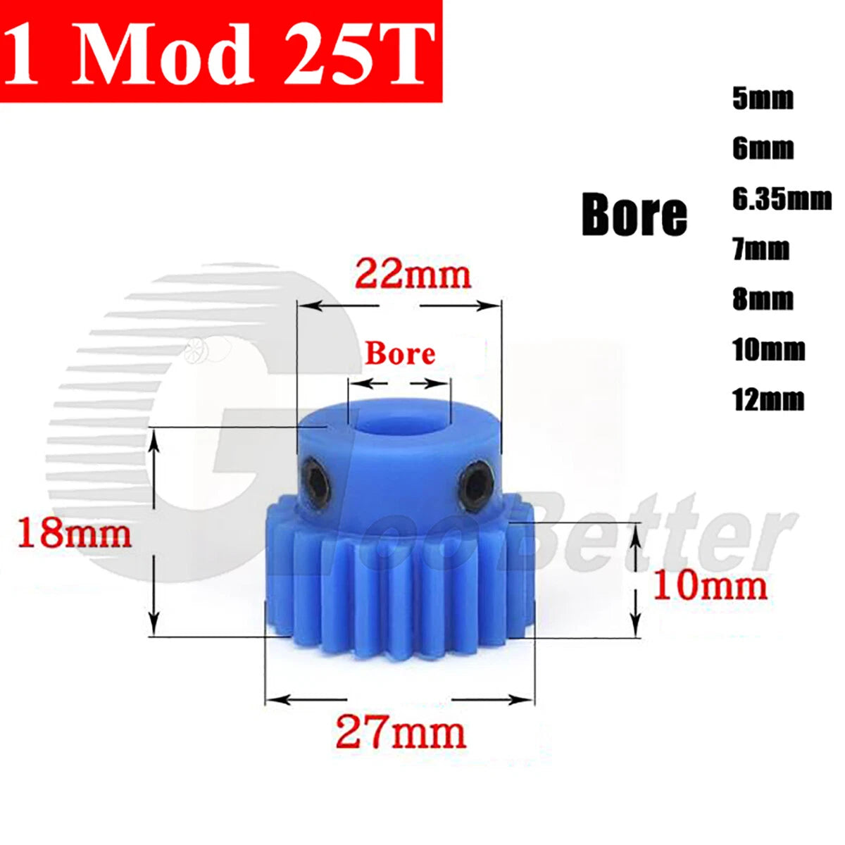 1 Mod 25 Teeth Blue Nylon Spur Gear Bore 5mm-12mm Pinion Plastic Gear with Step