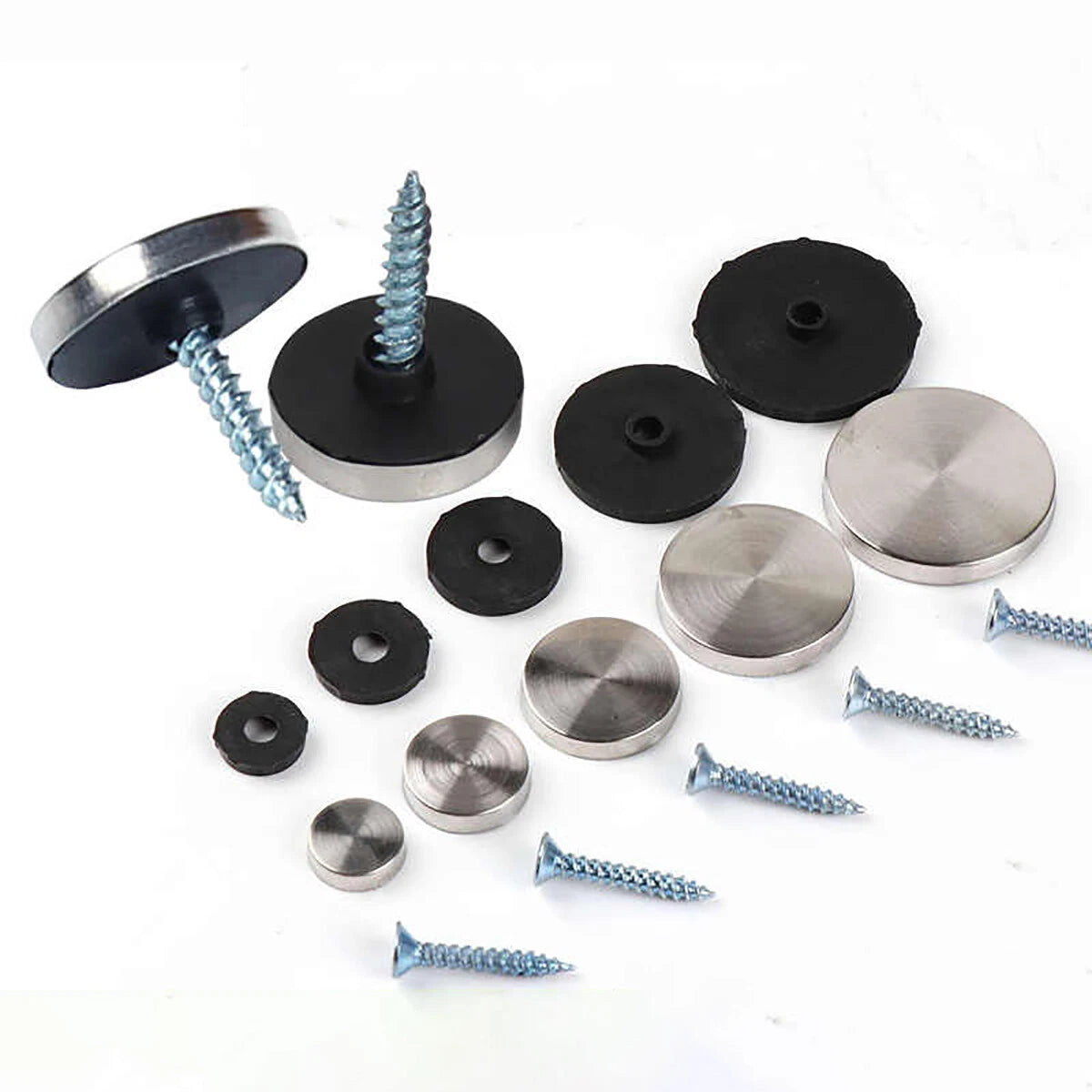 12mm-40mm Mirror Screws Decorative Caps – Polished Stainless Steel Cover Nails with Plastic Washer & Carbon Steel Screw (M12-M40)