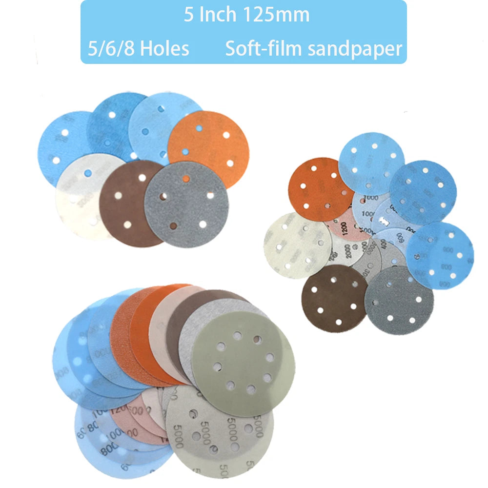 5/6/8 Holes Fv Soft Film Sandpaper 125mm Wet And Dry Sanding Discs 600 - 5000#