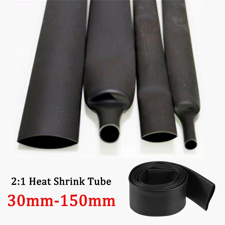 Heat Shrink Tubing 2:1 Ratio Black — 30mm to 150mm Electrical Cable Sleeving
