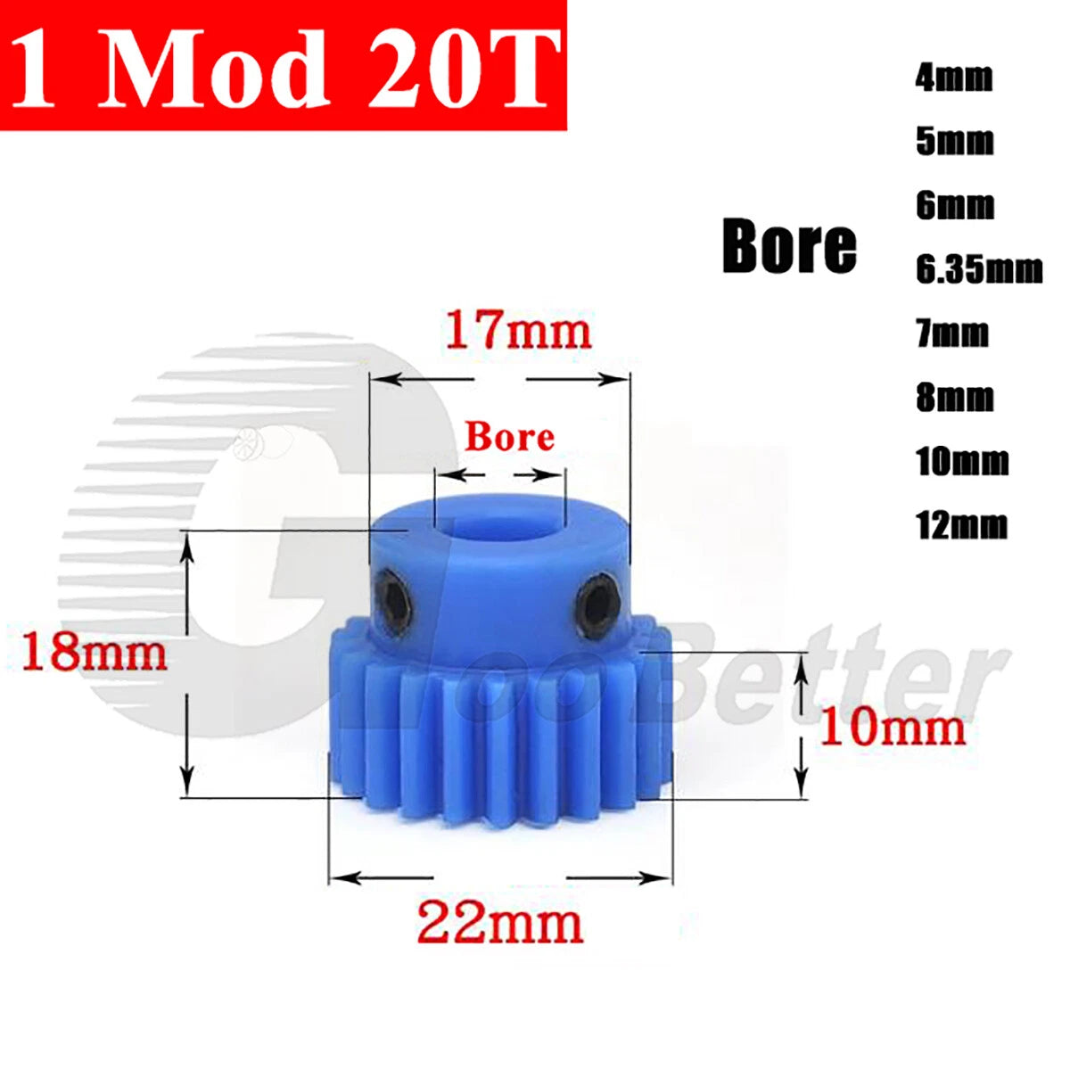 1 Mod 20 Teeth Blue Nylon Spur Gear Bore 4mm-12mm Pinion Plastic Gear with Step