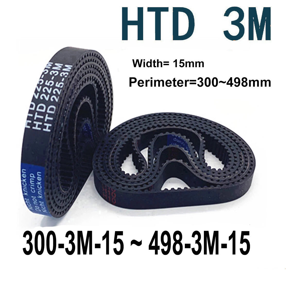 HTD 3M Closed Timing Belt – 15mm Wide, 300mm–498mm Circumference, Arc Tooth Rubber Drive Belt