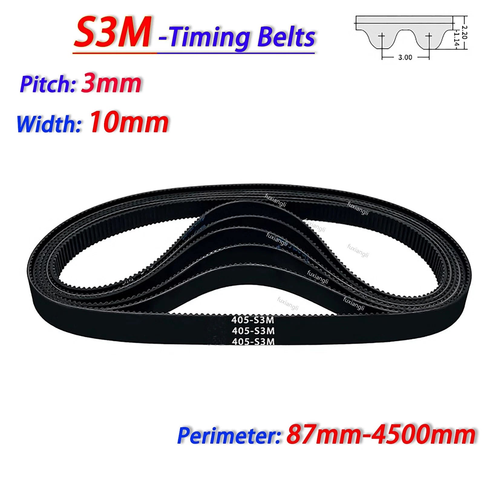 S3M Timing Belt – 3mm Pitch Closed Loop Rubber Synchronous Belt, 10mm Wide