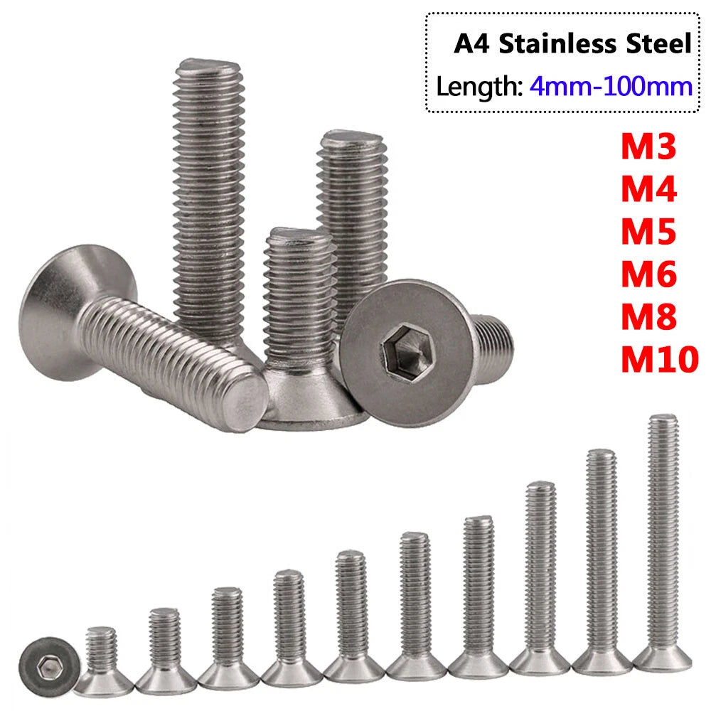 A4 Stainless Steel Countersunk Flat Head Allen Socket Machine Screws M3 M4 M5 M6 M8 M10 — 4mm to 100mm