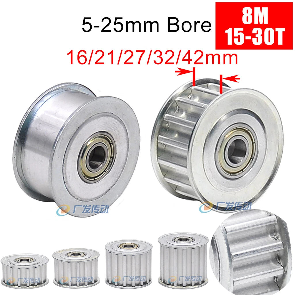 8M Timing Belt Idler Pulleys 15-30 Teeth Smooth 16 21 27 32mm Wide 5-25mm Bore