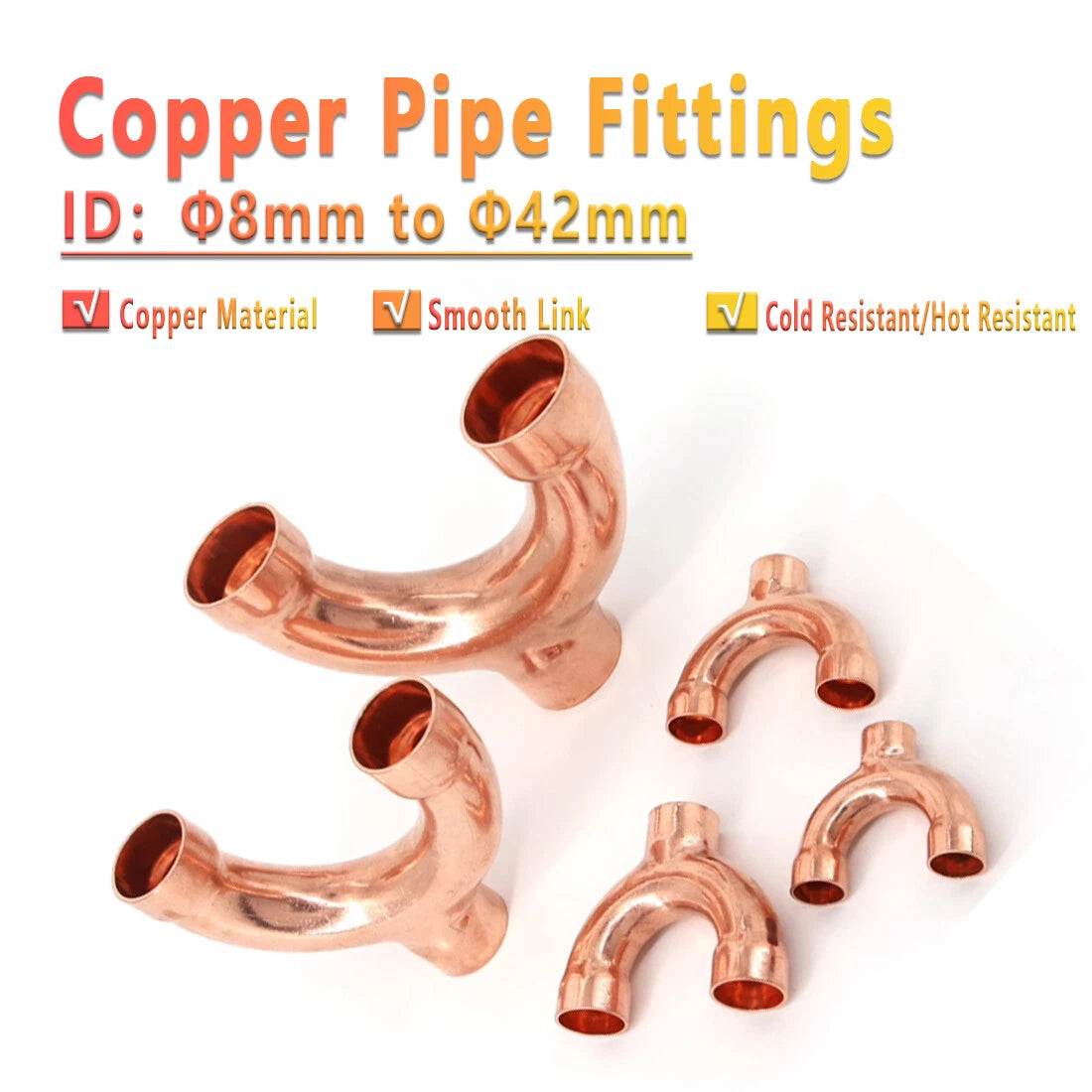 Copper Y-Type 3-Way Pipe Fitting Connector — End Feed, ID 8mm to 42mm