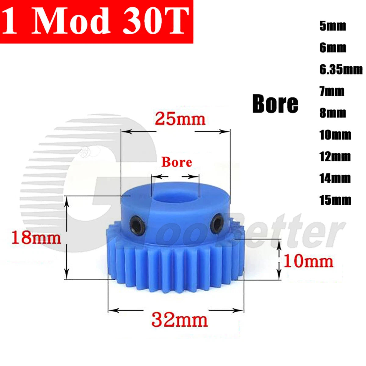 1 Mod 30 Teeth Blue Nylon Spur Gear Bore 5mm-15mm Pinion Plastic Gear with Step