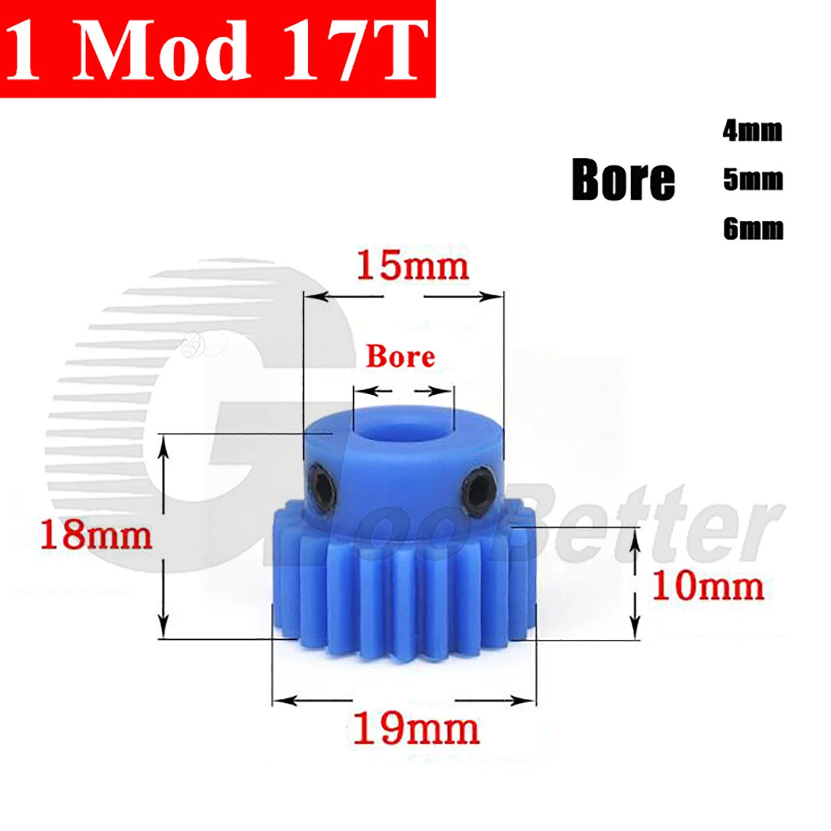 1 Mod 17 Teeth Blue Nylon Spur Gear Bore 4/5/6mm Pinion Plastic Gear with Step