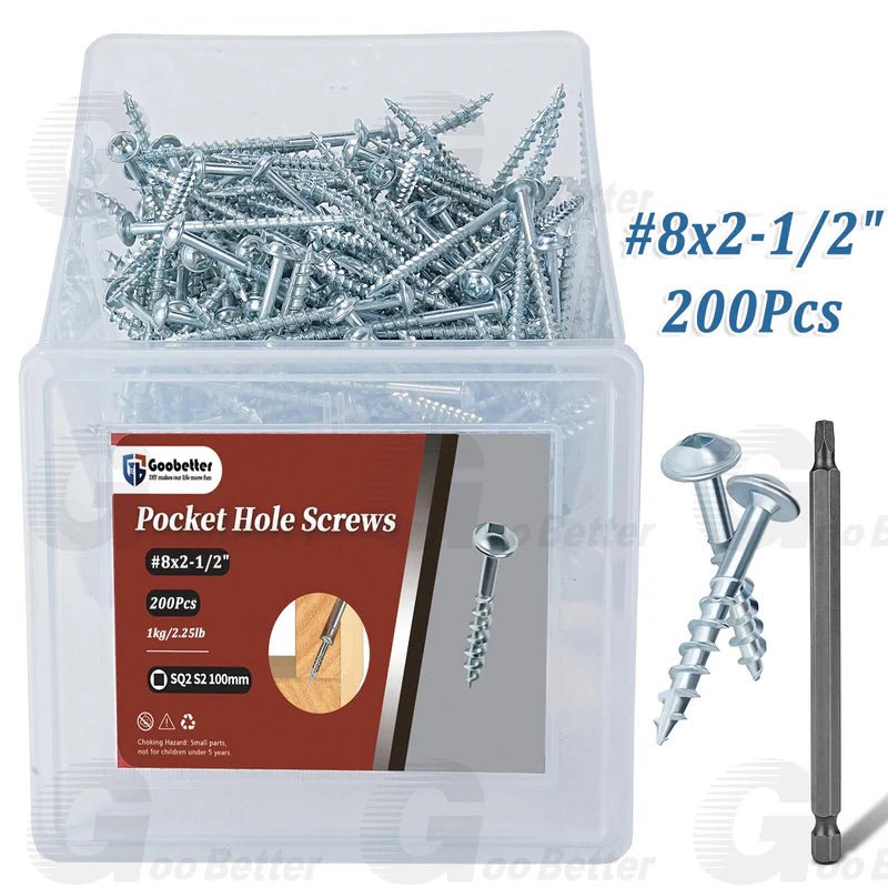 8 Pocket Hole Screws Interior Pocket Screw Coarse Thread, Square Drive, Washer Head, Zinc Plated, 100MM Drive Bit Included - HomeDIYer