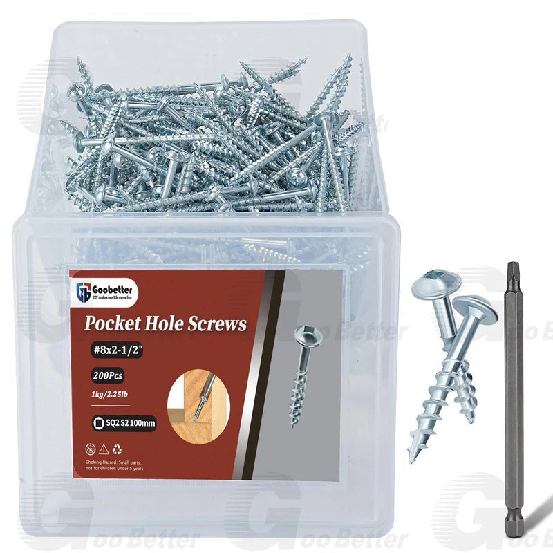 8 Pocket Hole Screws Interior Pocket Screw Coarse Thread, Square Drive, Washer Head, Zinc Plated, 100MM Drive Bit Included - HomeDIYer