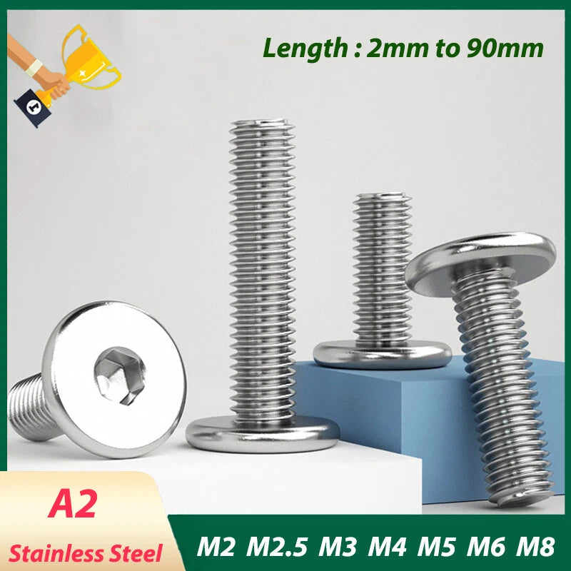A2 Stainless Steel Hex Socket Flat Round Head Machine Screws – M2 to M8, Fully Threaded (2–90mm Lengths)