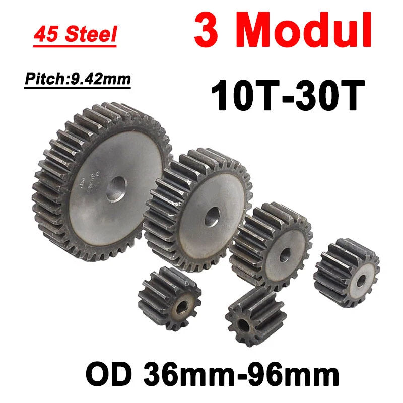 3 Modulus Spur Gear 10T - 30T Flat Gear 45 Steel Transmission Gears OD 36-96mm