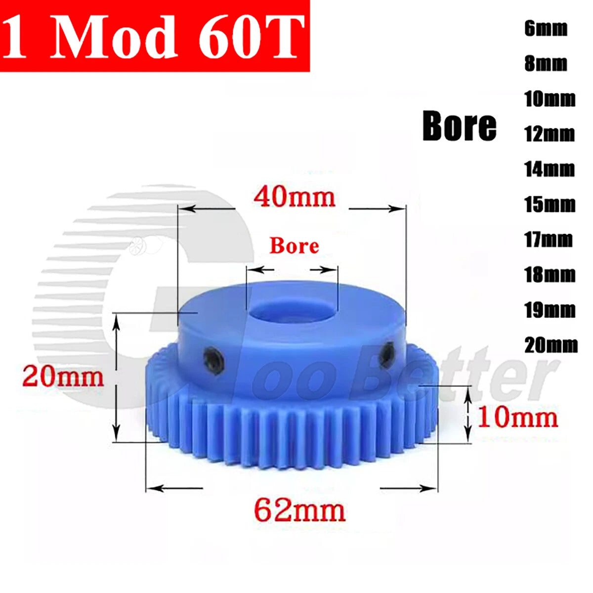 1 Mod 60 Teeth Blue Nylon Spur Gear Bore 6mm-20mm Pinion Plastic Gear with Step