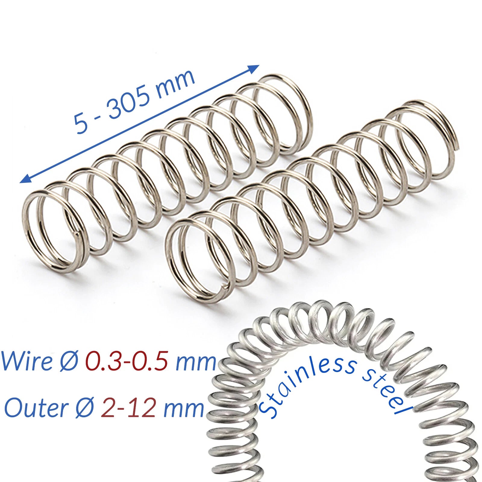 Compression Spring Stainless Steel 0.3 - 0.5mm Wire Dia Pressure Coil Springs