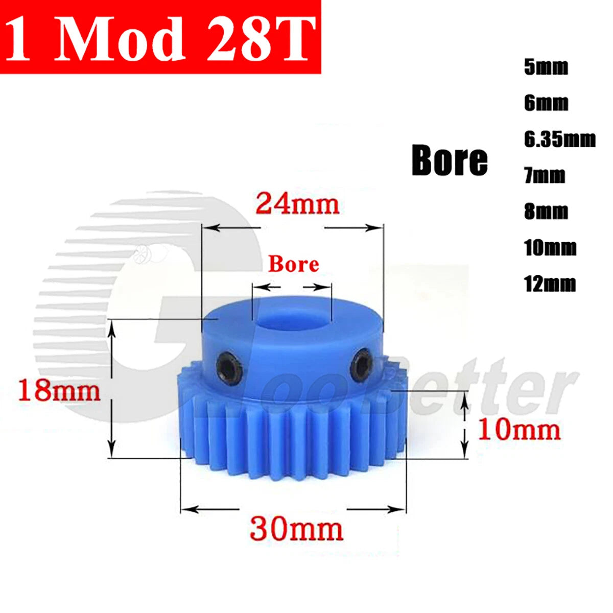 1 Mod 28 Teeth Blue Nylon Spur Gear Bore 5mm-12mm Pinion Plastic Gear with Step