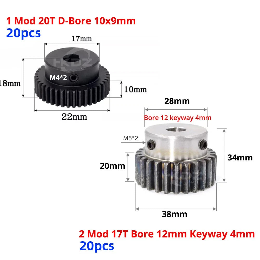 Straight Spur Gear 45# Steel Motor Gears 2Mod 17T 20Pcs and 1Mod 20T 20Pcs