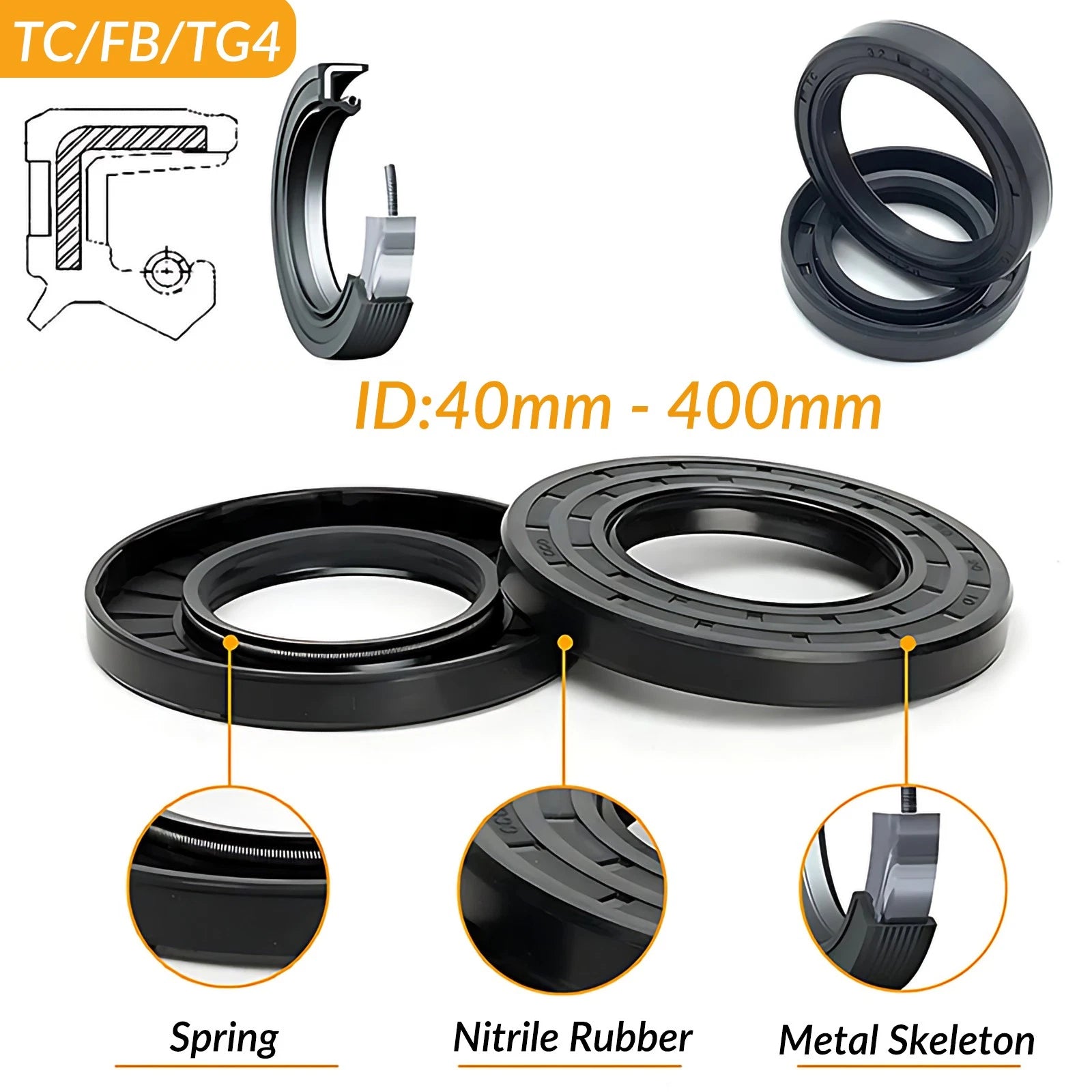 TC Oil Seal NBR Double Lip Rotary Shaft Seal — 40mm to 400mm (ID × OD × Height)
