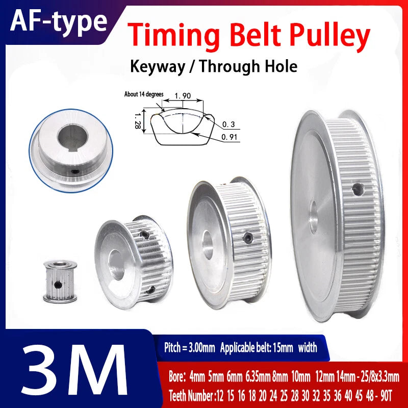HTD-3M 12T-90T Timing Belt Pulley Pitch 3mm Without Step Drive Pulley Width 16mm