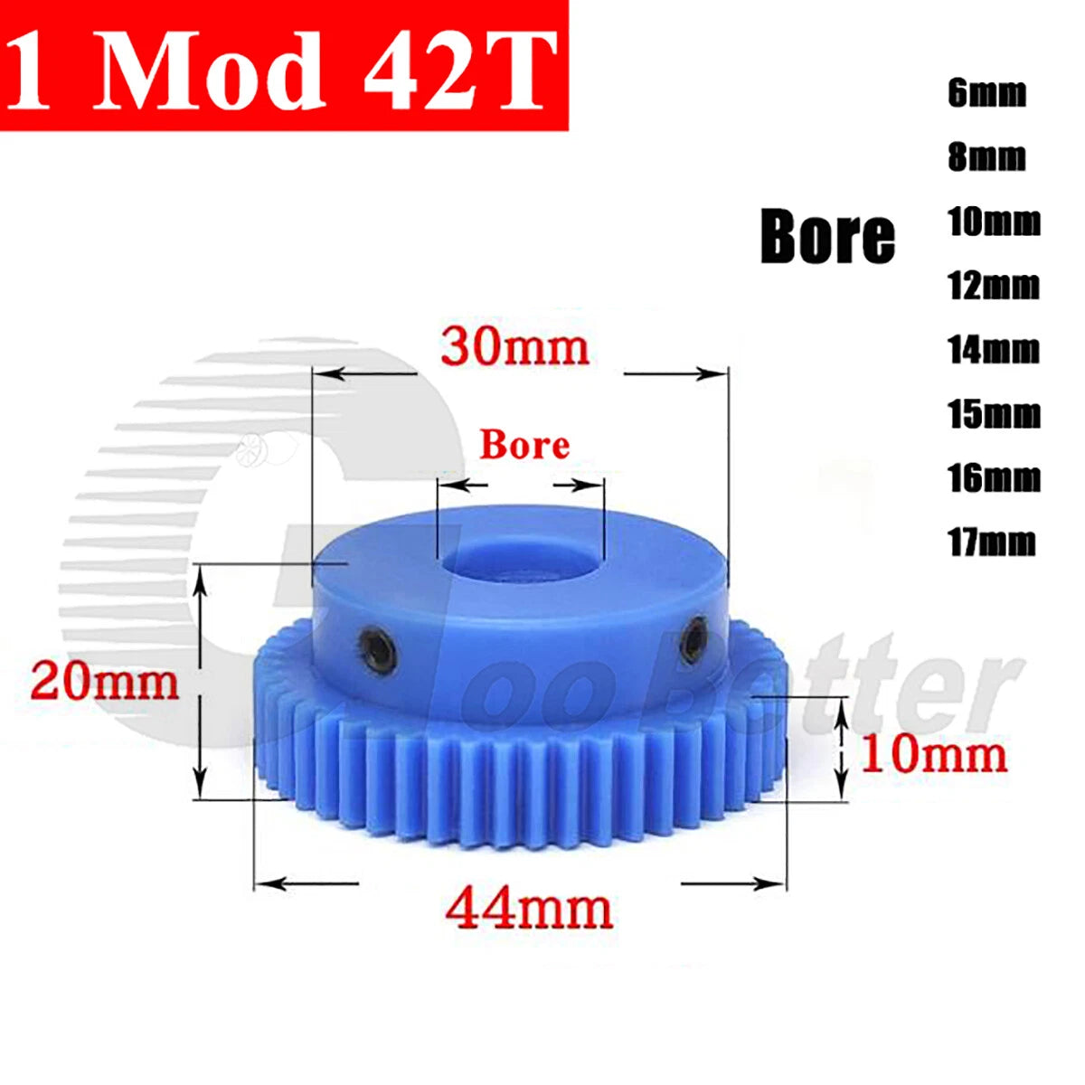 1 Mod 42 Teeth Blue Nylon Spur Gear Bore 6mm-17mm Pinion Plastic Gear with Step