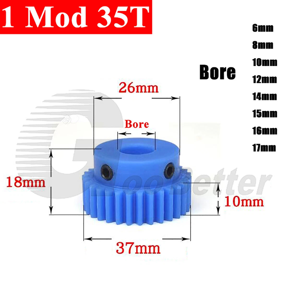 1 Mod 35 Teeth Blue Nylon Spur Gear Bore 6mm-17mm Pinion Plastic Gear with Step