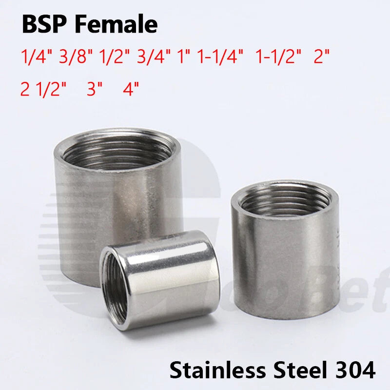 Stainless Steel 304 Full Socket Pipe Coupler — BSP Threaded Fitting (1/4" to 4")