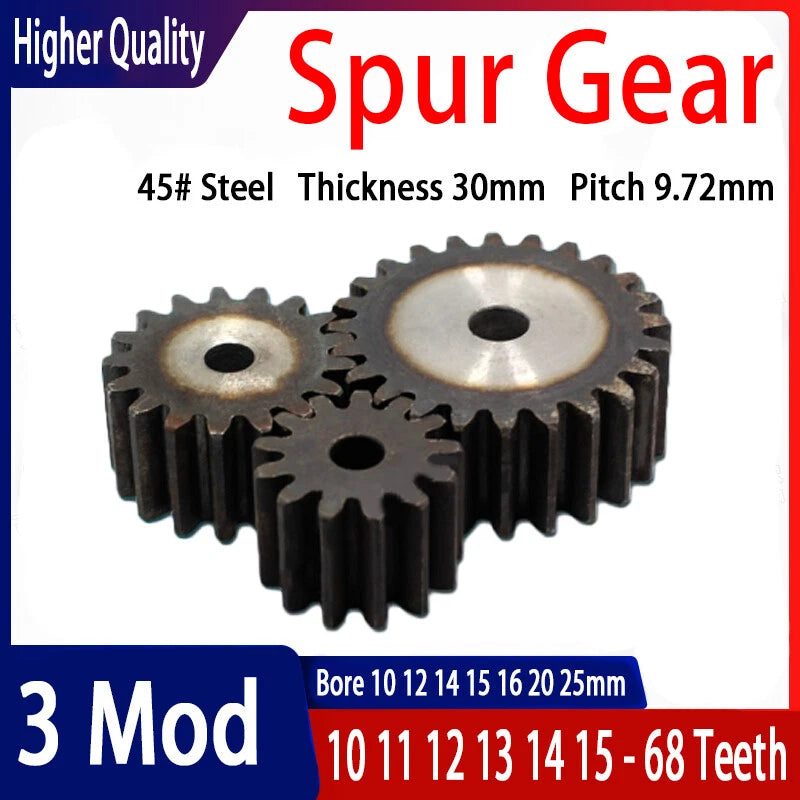 3 Module Spur Gear Pinion Gears #45 Steel 10T to 68T Metal Spur Transmission CNC