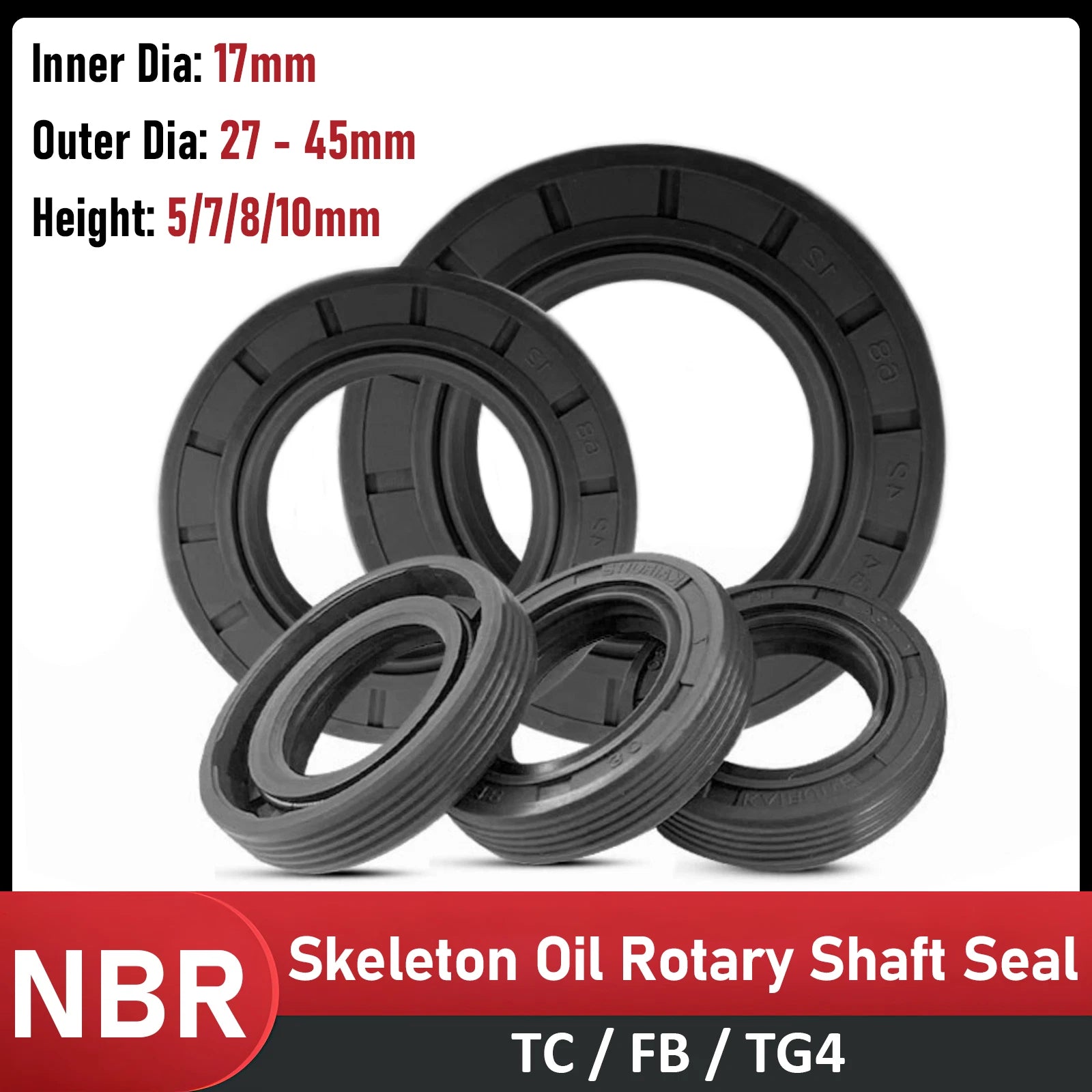 TC Double Lip Oil Seal NBR 70 — ID 17mm Rotary Shaft Seal, Multiple OD & Heights