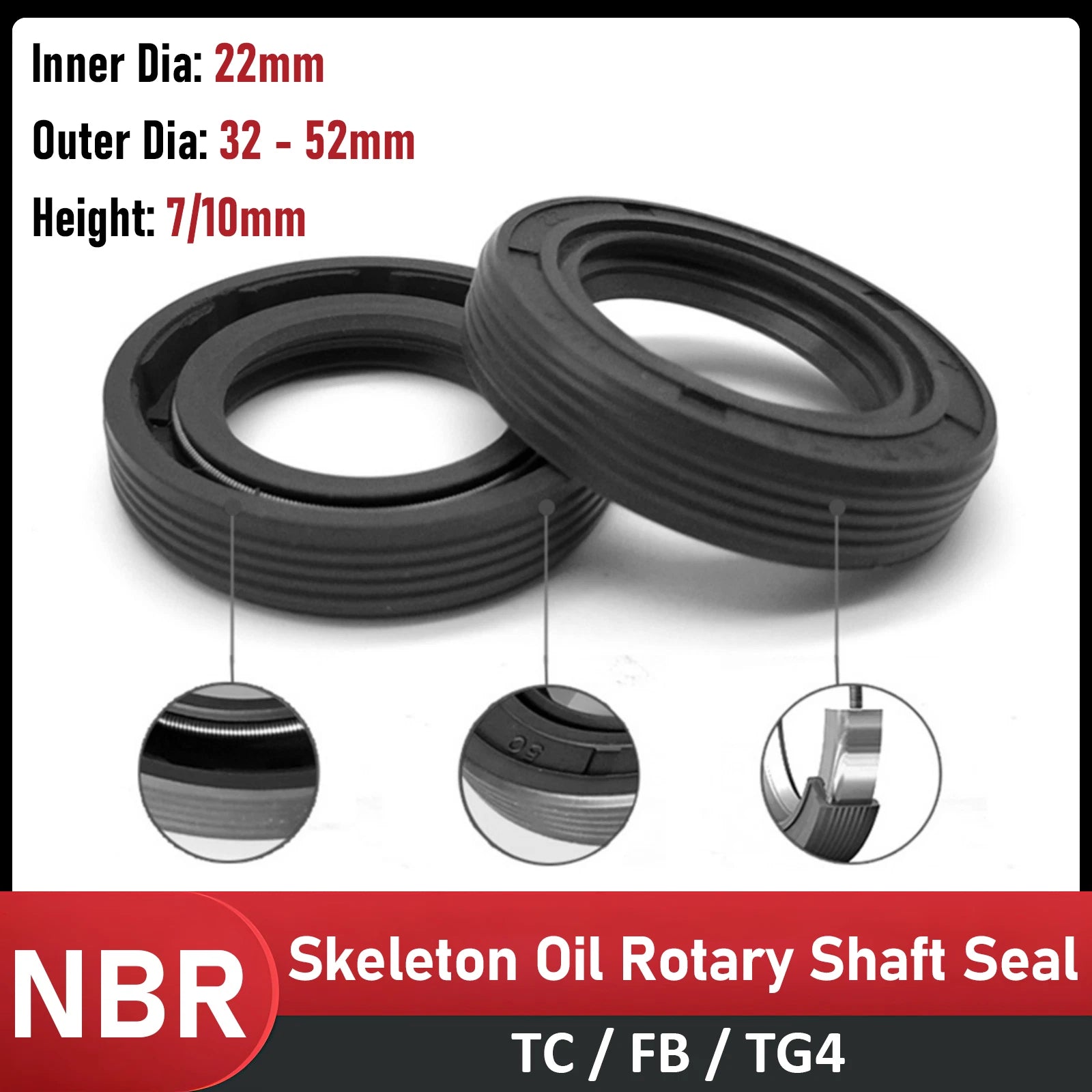 TC Oil Seal 22mm ID NBR Skeleton Rotary Shaft Seal Double Lip | OD 32–52mm