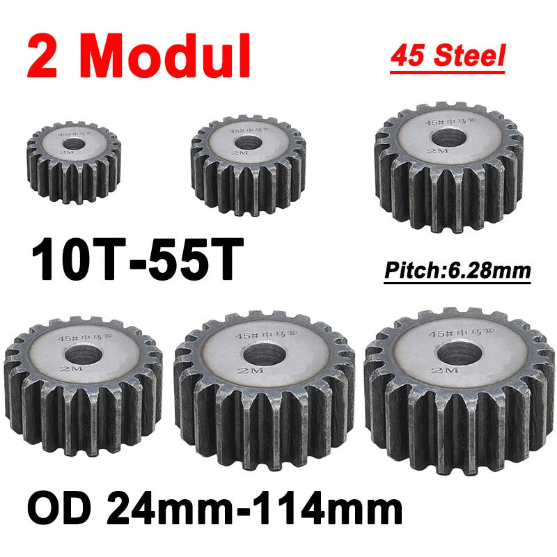 2 Modulus Spur Gear 10T - 55T Flat Gear 45 Steel Transmission Gears OD 24-114mm