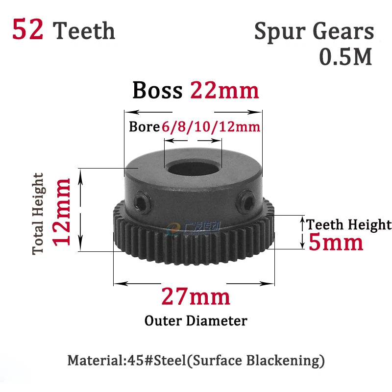 0.5M 52T Spur Gears Steel Pinion Gears Metal Spur Transmission Gear 45 Steel