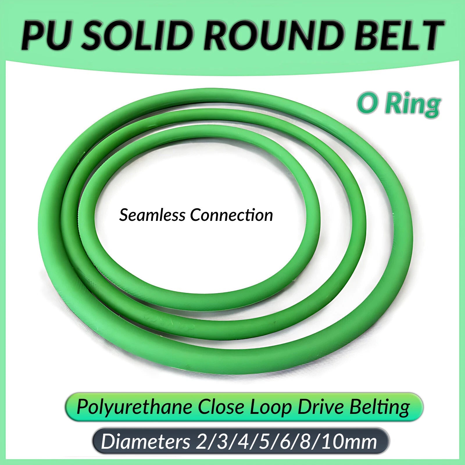 PU Round Belt Green Polyurethane Drive Belting Close Loop — 2mm to 10mm Diameter