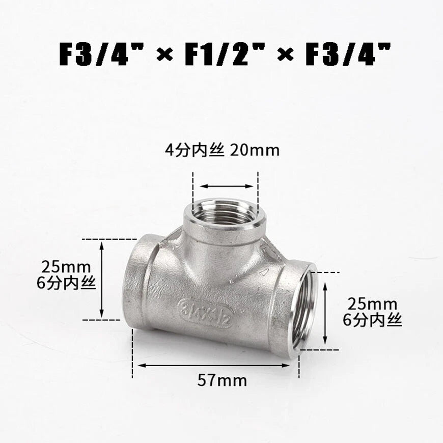 BSP Reducing Female Tee — 304 Stainless Steel Pipe Fitting, All Female Ports