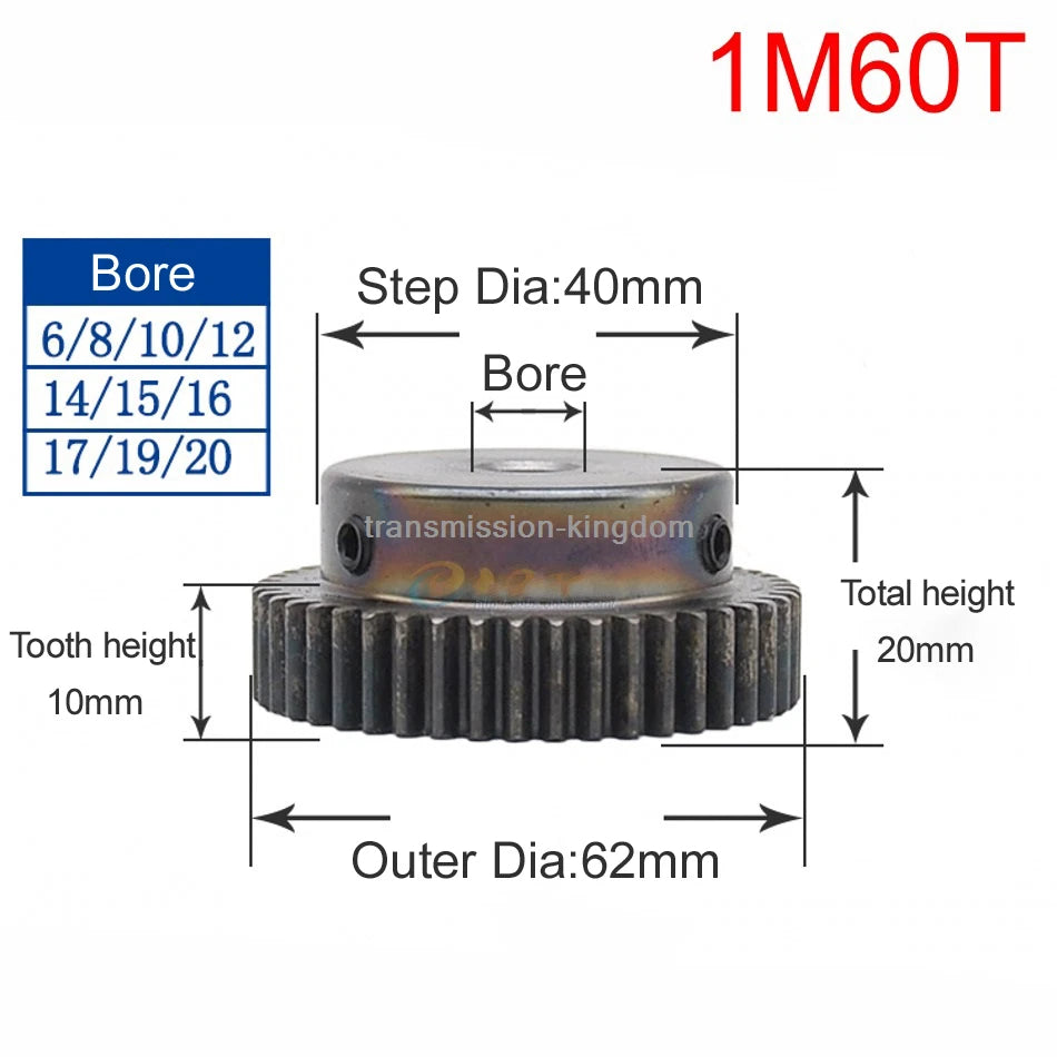 45# Steel Spur Gear With Step 1M10T-80T Pinion Gear Metal Mod 1 Motor Gear