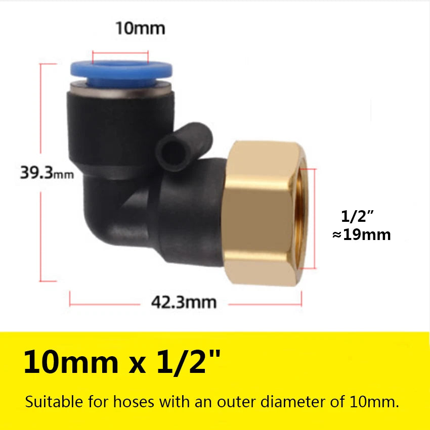 90° Elbow Push-to-Connect Pneumatic Fitting — 4mm to 12mm Hose OD, Female Thread