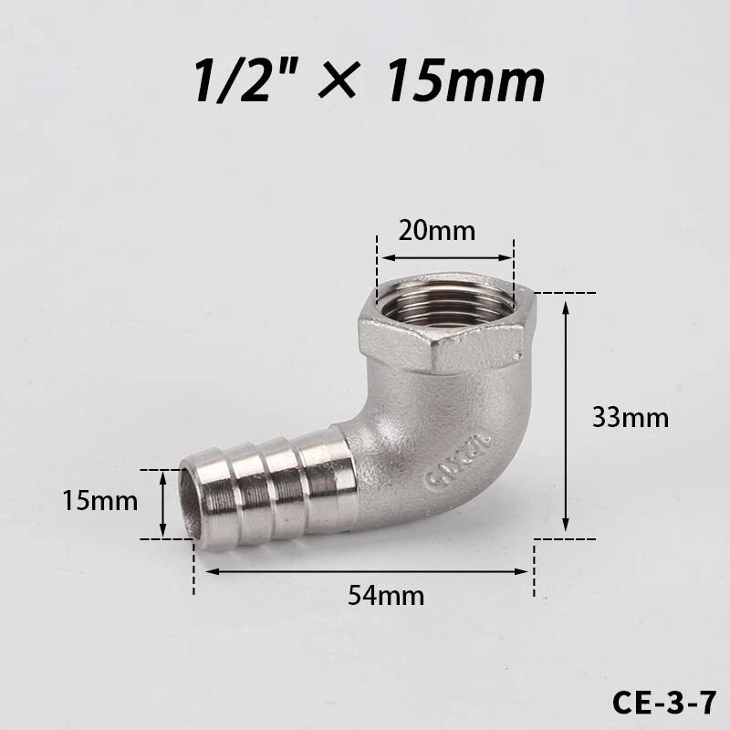 Stainless Steel Female Fitting x Barb Hose Tail End Elbow Connector 1 4" - 11 2"