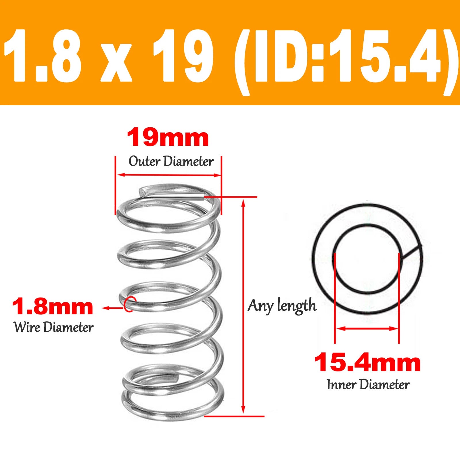 1.8mm 304 Stainles Steel Spring Compression Pressure Springs OD 18-30mm,L10-120m