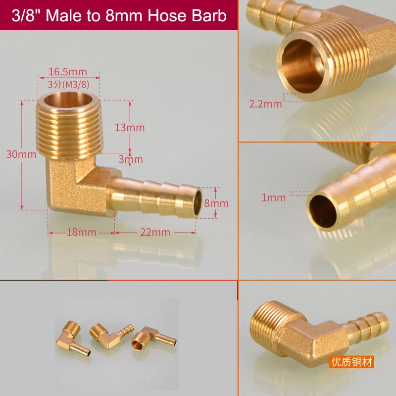 Brass Hose Barb Elbow Fittings — Male BSP to Metric Barb, 1/8" to 3/4" BSP