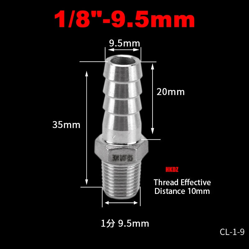 304 Stainless Steel Male Thread Barb Hose Tail Connector | 1/8" to 3/8" NPT